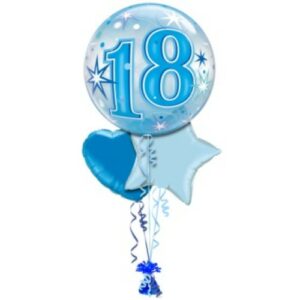 A cluster of Balloons Birthday Age Range with the number 18, featuring a large round balloon and two star-shaped balloons in blue tones.