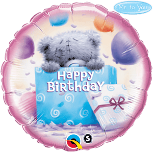 A Balloon With Helium birthday-themed balloon with an illustration of a grey teddy bear and a present, featuring the text "happy birthday".
