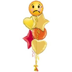 A cluster of Balloons Get Well Soon including a sad face emoji, stars, and hearts.