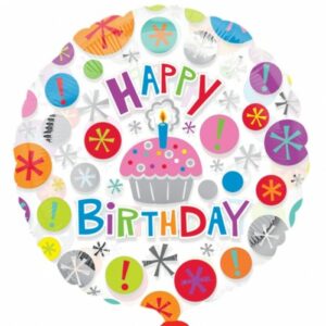 Balloon 18" Foil Happy Birthday with colorful decorations and "Happy Birthday" text.