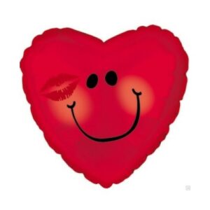 A red Balloon 18" Heart With Kiss figure with a smiley face and a lipstick kiss mark.