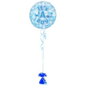 A blue "New Birth Balloons" with decorative weights.