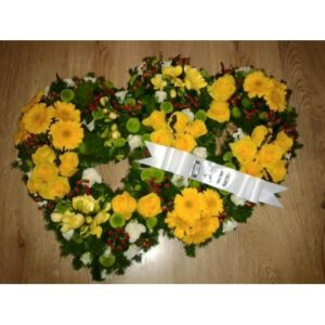 Floral Open Double Heart with yellow flowers and a white ribbon.
