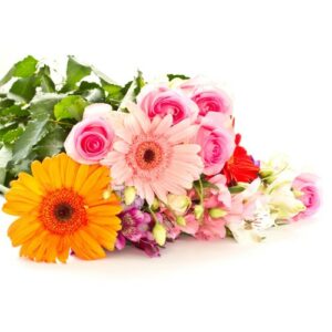 A vibrant, Environmentally Friendly Bouquet! Florists Choice featuring orange and pink gerberas, pink roses, and assorted white flowers.