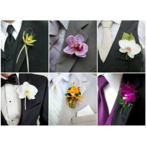 Collection of various boutonnieres on men's suit lapels for Wedding ideas.